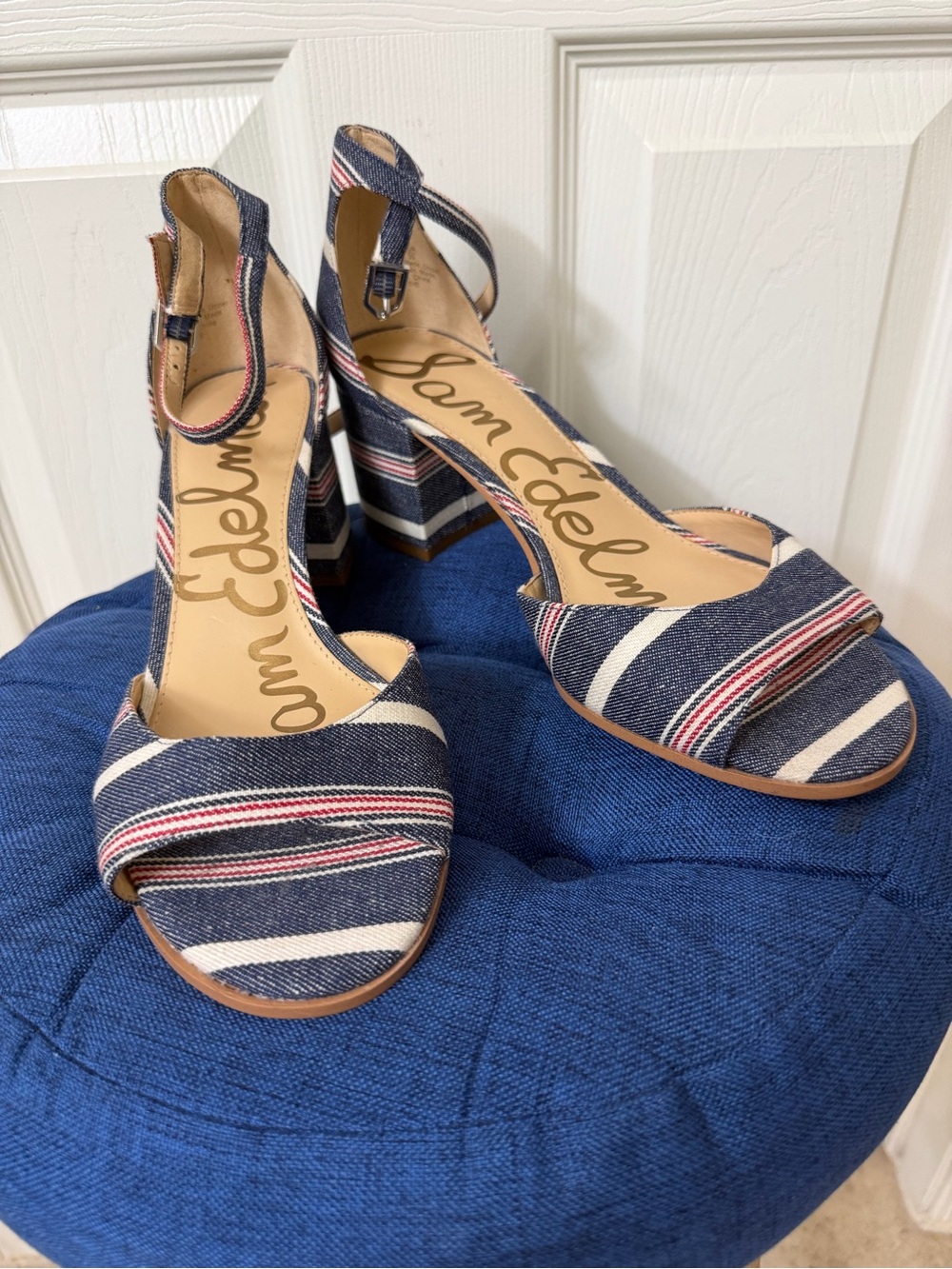 Sam Edelman Navy White Red Striped Block Heel Sandals